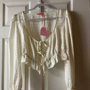 Dollskill Sugar Thrillz Cream Tie Front Ruffled Blouse